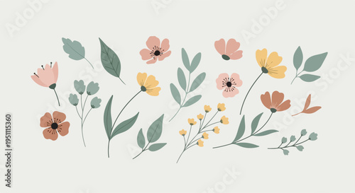 A beautiful collection of delicate pastel flowers and green leaves, perfect for spring and summer designs, arranged on a light background.