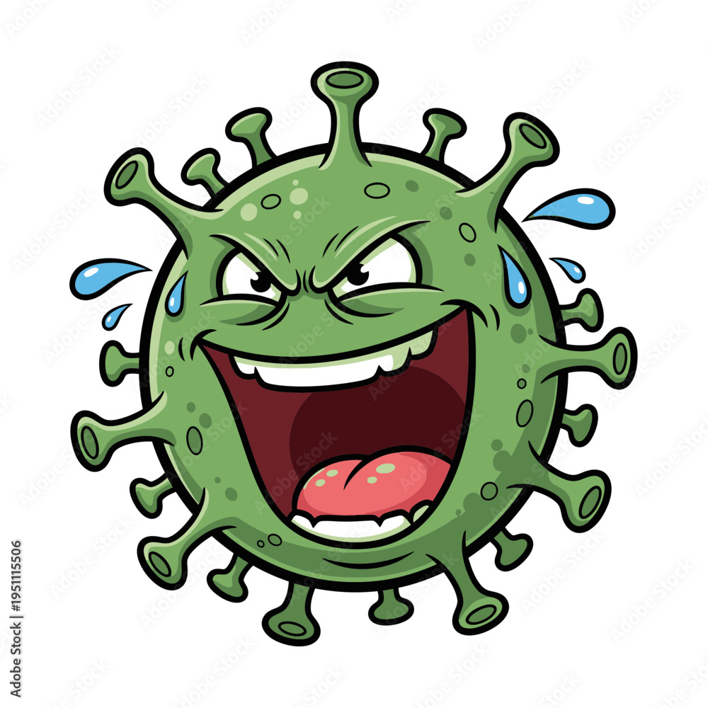 Fototapeta premium Evil Cartoon Coronavirus Character with Spikes and Sweating.