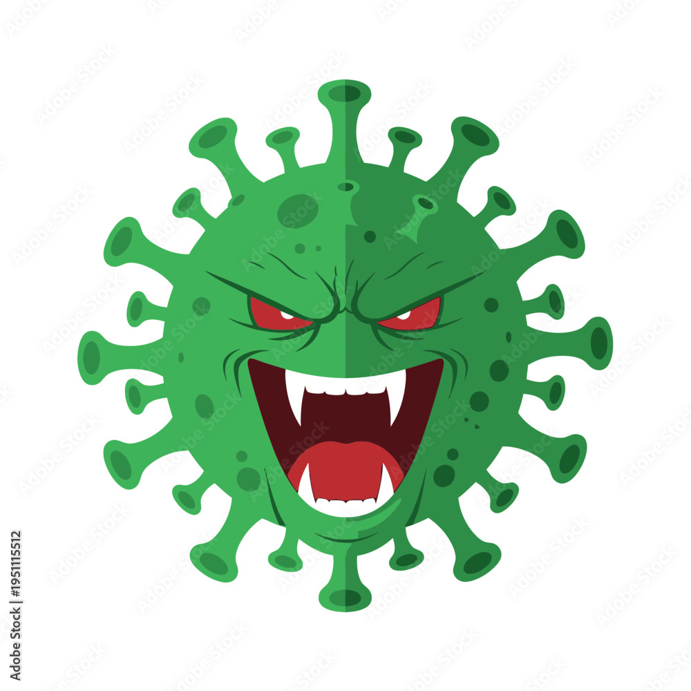 Fototapeta premium Fearsome Cartoon Coronavirus Character with Sharp Teeth and Red Eyes.