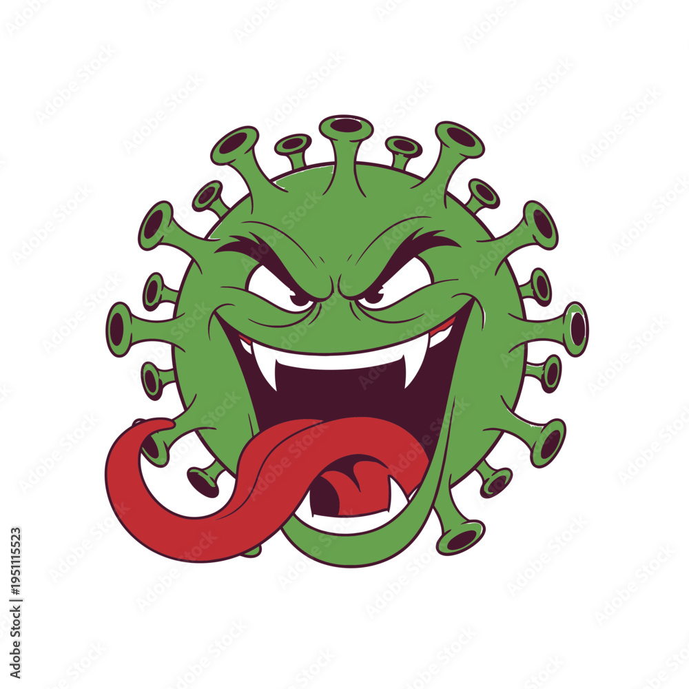 Fototapeta premium Evil Cartoon Coronavirus Character with Spiky Protrusions and Red Tongue.