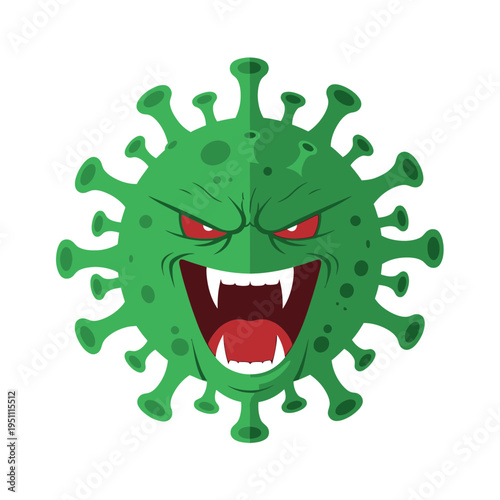Fearsome Cartoon Coronavirus Character with Sharp Teeth and Red Eyes.