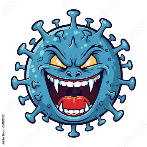 Evil cartoon virus character with sharp teeth and angry eyes 1.