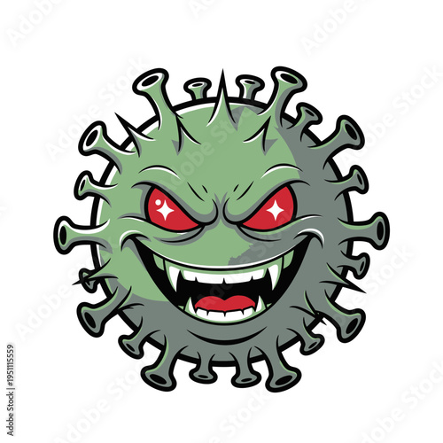 Evil Cartoon Virus Character with Spiky Body and Red Eyes.