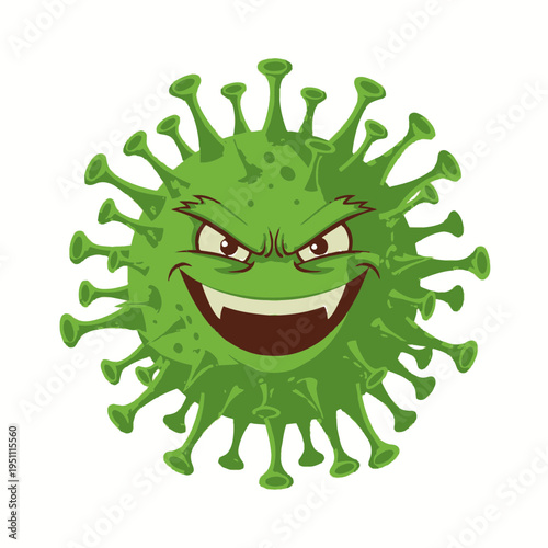 Evil cartoon virus character with sharp teeth and angry eyes 2.