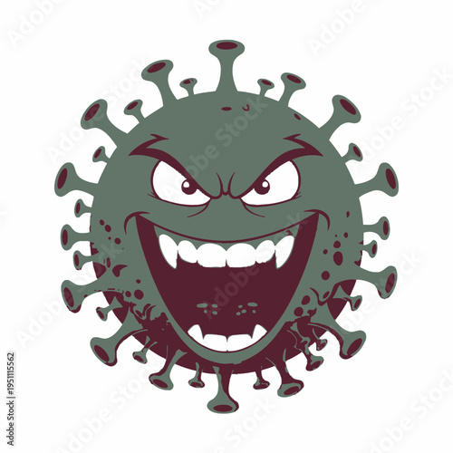 Evil cartoon virus character with sharp teeth and angry eyes.