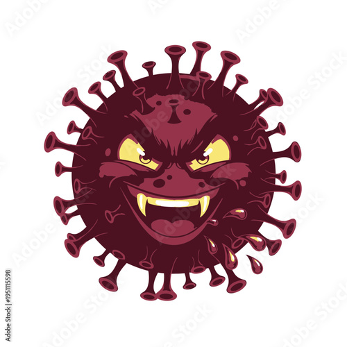 Evil Coronavirus Character with Fangs and Scary Face.