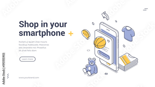Isometric mobile shopping banner template. Vector illustration of buying goods online via smartphone app. Modern outline concept for a website landing page or e-commerce presentation
