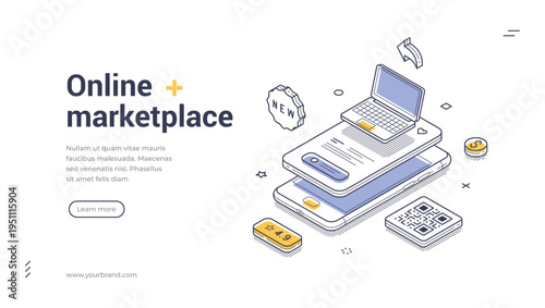 Isometric online marketplace banner template. Vector illustration of mobile commerce and digital technology. Modern concept for a website landing page or application presentation