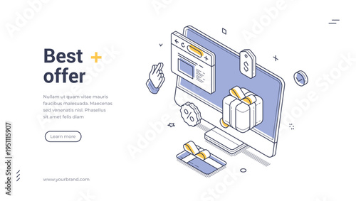Isometric best offer banner template. Vector illustration of an online shopping promotion with a gift box and discount. Modern concept for a website landing page or digital marketing