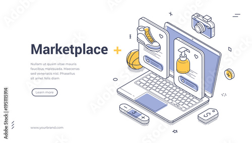 Isometric marketplace banner template. Vector illustration of online shopping and e-commerce on a laptop. Modern concept for a website landing page or digital store presentation