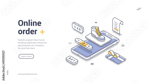Isometric online order banner template. Vector illustration of mobile shopping and e-commerce application. Modern outline concept for a website landing page or digital presentation
