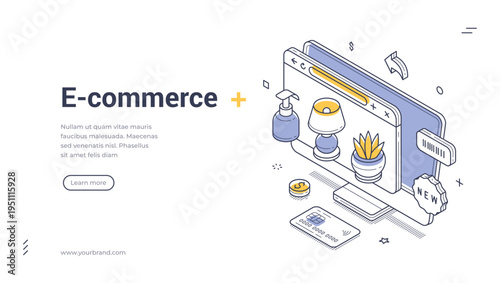 Isometric e-commerce banner template. Vector illustration of an online store selling home goods. Modern outline concept for a website landing page, digital marketing, or mobile app