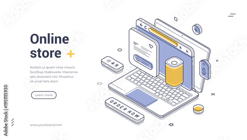 Isometric online store banner template. Vector illustration of e-commerce and shopping on a laptop. Modern concept for a website landing page or digital presentation