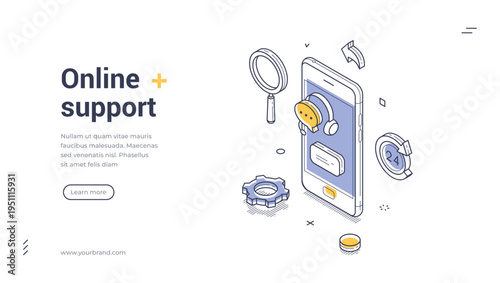 Isometric online support banner template. Vector illustration of customer service and technical assistance via mobile app. Modern concept for a website landing page or helpdesk presentation