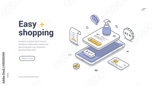 Isometric easy shopping banner template. Vector illustration of mobile e-commerce and online payment. Modern concept for a website landing page or digital application presentation