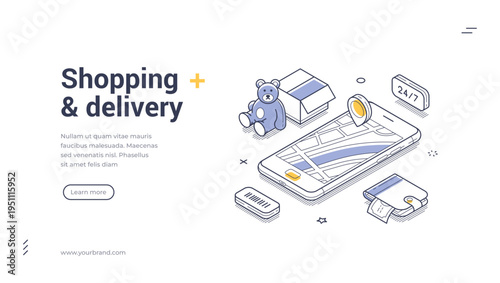 Isometric shopping and delivery banner template. Vector illustration of online order tracking via mobile app. Modern concept for e-commerce and logistics service presentation