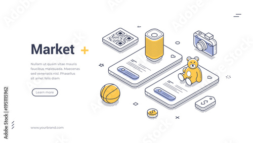 Isometric market banner template. Vector illustration of online shopping and e-commerce. Modern concept for a digital marketplace website or mobile application presentation