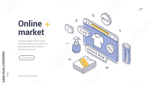 Isometric online market banner template. Vector illustration of e-commerce and clothes shopping. Modern concept for a website landing page or digital fashion retail presentation