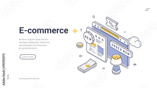 Isometric e-commerce banner template. Vector illustration for online shopping. Modern concept for a digital store website, internet business, and web page presentation