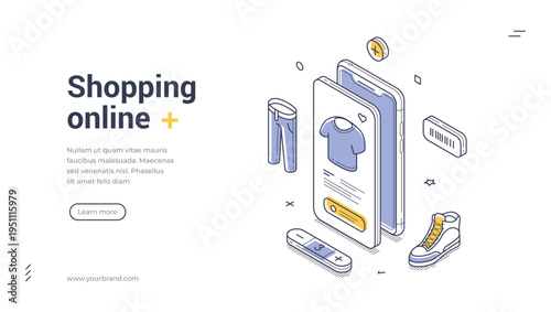 Isometric banner template for online shopping. Vector illustration of a mobile app for buying clothes. Modern concept for an e-commerce website and digital retail presentation