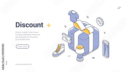 Isometric banner template for a discount sale. Vector illustration of a gift box with clothes and furniture. Modern concept for special offer, online shopping, and e-commerce presentation
