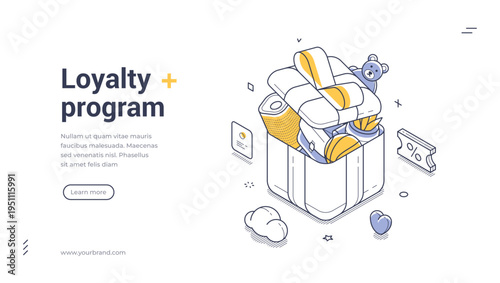 Isometric loyalty program banner template. Vector illustration of a gift box with rewards and bonuses. Modern concept for customer retention marketing and special offers presentation