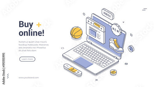 Isometric banner template for an online store. Vector illustration of buying goods on a laptop. Modern concept for e-commerce, internet shopping, and digital marketplace presentation