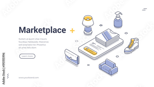 Isometric marketplace banner template. Vector illustration for an online store and e-commerce platform. Modern concept for digital retail and consumer goods presentation
