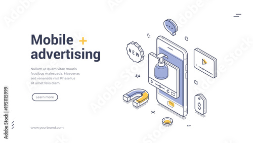 Isometric banner template for mobile advertising. Vector illustration of digital marketing and promotion. Concept for social media engagement and attracting new customers online