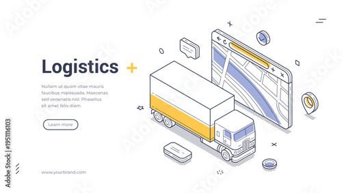 Isometric vector illustration of logistics and cargo transportation. Global shipping and delivery concept. Modern outline banner and web page template for freight business and supply chain