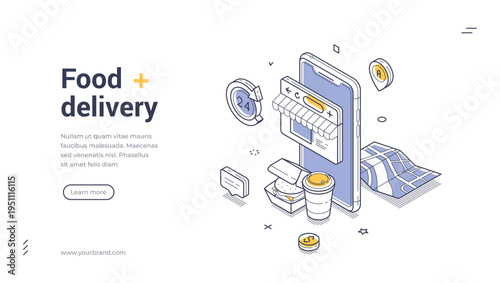 Isometric vector illustration of online food delivery service. Concept for ordering meal via mobile app. Modern banner and web page template for restaurant and cafe business
