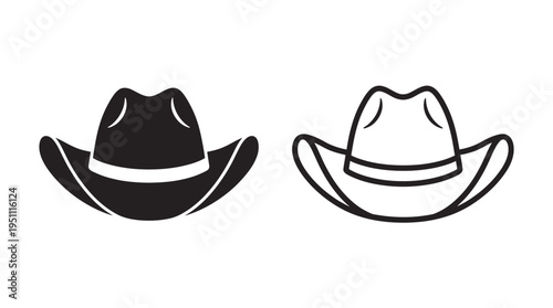 Two cowboy hats depicted in a stark black and white illustration a classic silhouette