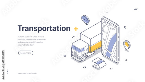 Isometric vector illustration of transportation and logistics. Mobile app for cargo tracking concept. Modern outline banner and web page template for delivery service business