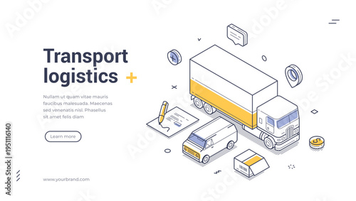 Isometric vector illustration of transport logistics and cargo shipping. Freight delivery service concept. Modern outline banner and web page template for transportation business