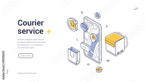 Courier delivery service isometric vector illustration. Mobile app for online order tracking. Modern outline banner and web page template for food and parcel shipping