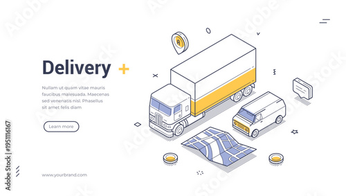 Isometric vector illustration of a cargo delivery and transportation service. Global logistics concept. Modern outline banner and web page template for a freight and shipping business