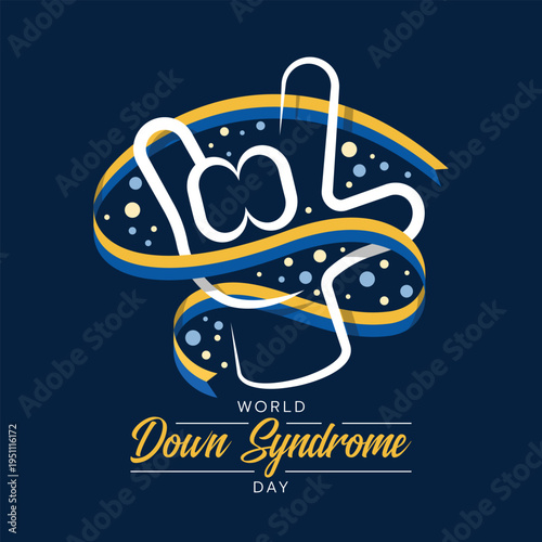 World down syndrome day - white line love you hand with blue yellow long ribbon rolling around on dark blue background vector design