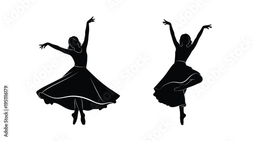 Two women in flowing dresses pose dynamically captured as a striking black silhouette