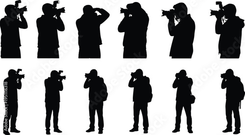 Photographer silhouette set, camera shooting poses, professional photography concept, paparazzi lifestyle, isolated black figures, creative photo illustration collection pack