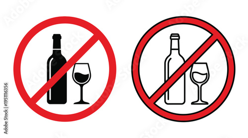 Prohibition signs depicting a bottle and glass one allowed and one forbidden silhouette