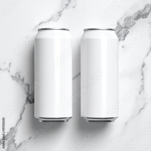 Two blank white aluminum beverage cans on a marble-like surface