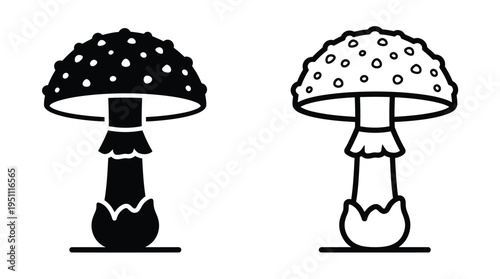 Two stylized mushroom illustrations depicted in a bold graphic black and white silhouette