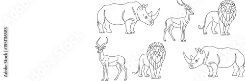 Vector Line Art Collection Featuring African Safari Animals Including Rhinoceros Lion and Antelope for Minimalist Nature Graphic Design Projects