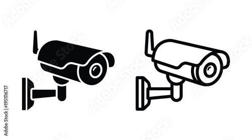 Two black security cameras are displayed in a simple flat graphic silhouette