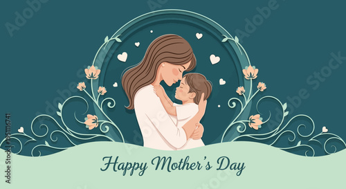 Happy Mother's Day Greeting Card Illustration Featuring Mother Hugging Her Child, Elegant Paper Cut Style with Floral Ornaments and Hearts
