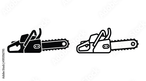 Two black and white illustrations of chainsaws displayed side by side a bold silhouette