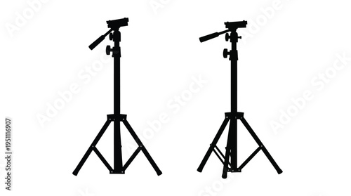 Two black tripods stand against a white background showcasing minimalist camera equipment silhouette