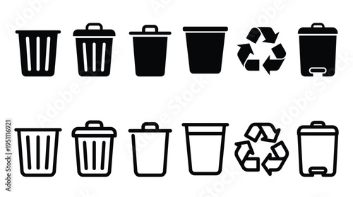A collection of various trash and recycling bin icons displayed in black silhouette