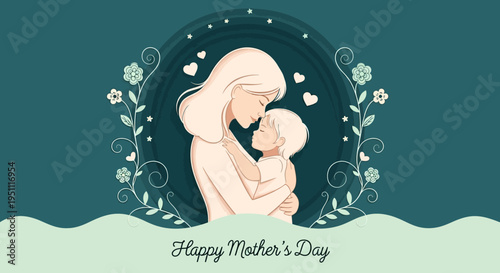Happy Mother's Day Greeting Card with Paper Cut Illustration of Mother Hugging Child and Floral Ornaments