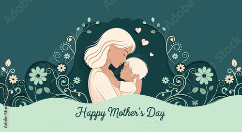 Happy Mother's Day Paper Cut Style Illustration - Mother Hugging Child with Floral Background